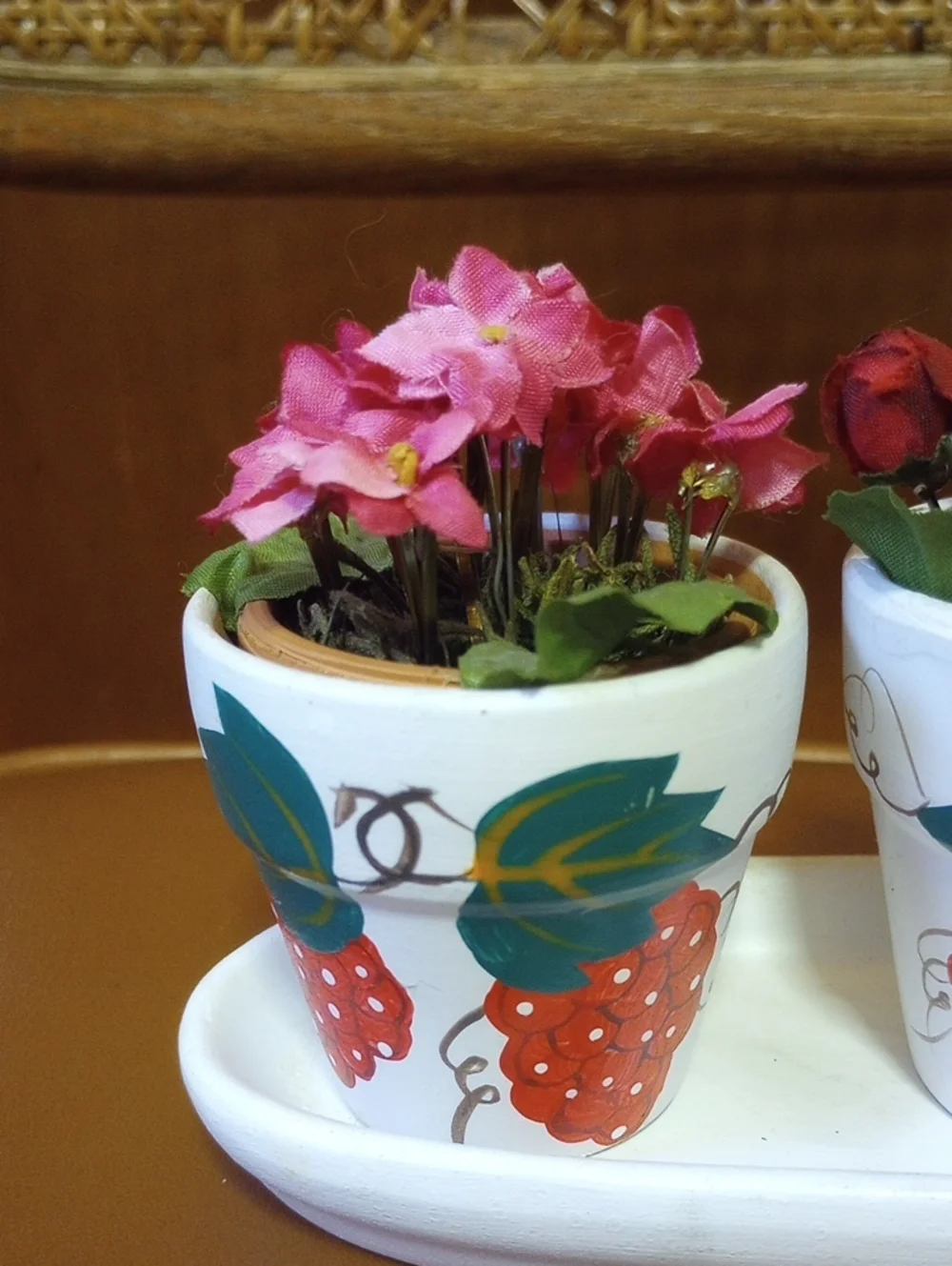 3 Potted Faux Floral Arrangement Set w/ Caddy.  & Strawberry/Raspberry Design